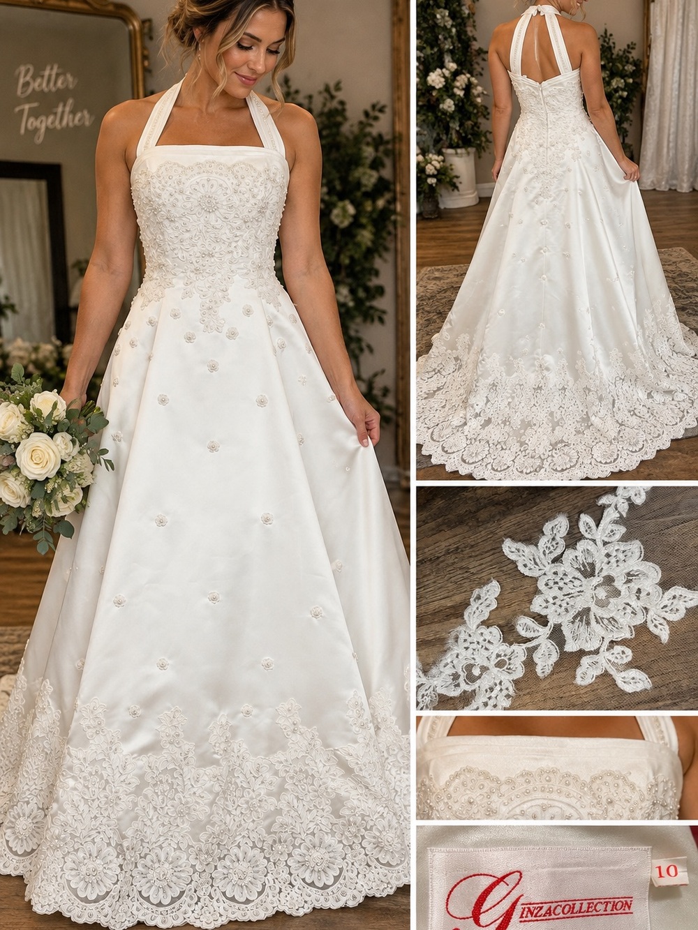 White Lace Halter A-Line Wedding Dress